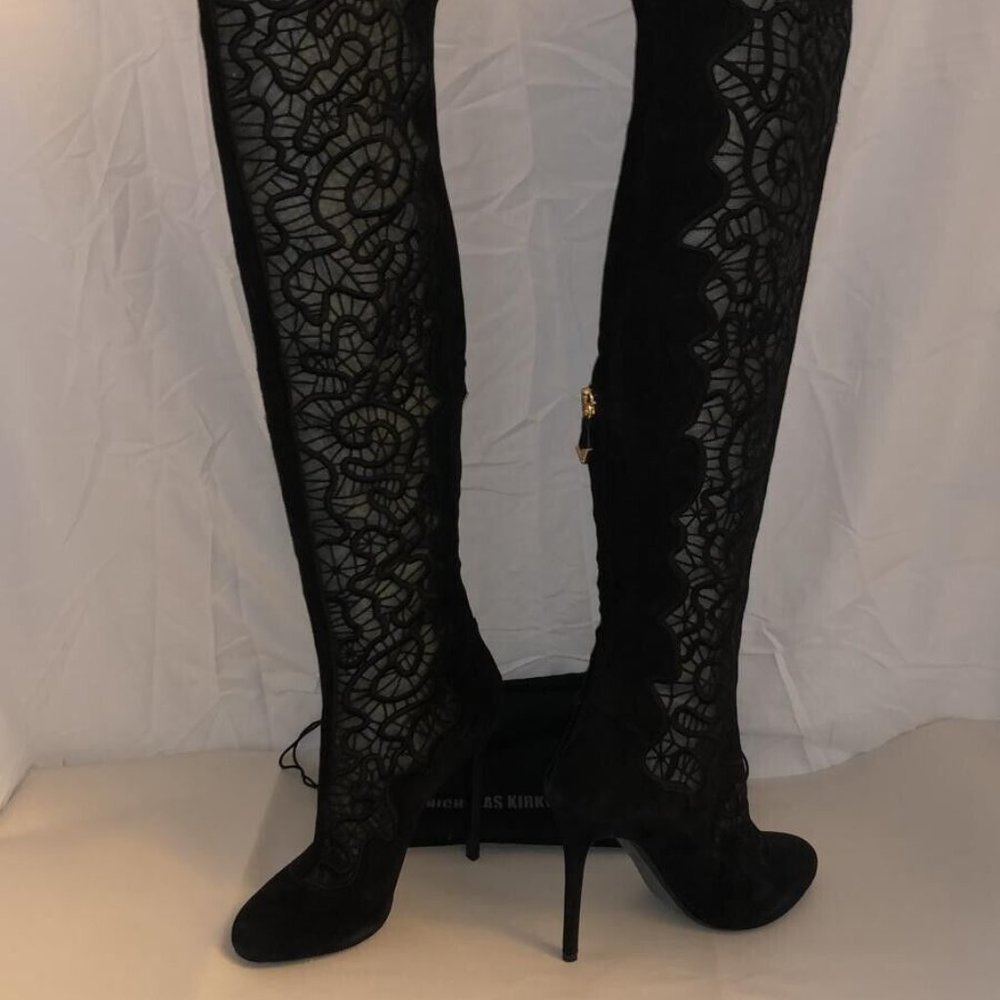38/8❤️Kirkwood Lace REAL Black Suede Leather Over The Knee HIGH HEEL BOOTS ITALy